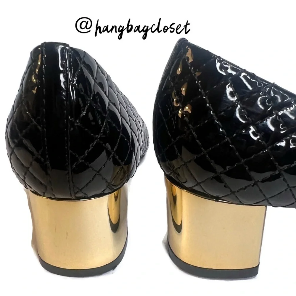 TORY BURCH #33379 Black & Gold Patent Leather Low Heels (US 7.5) Womens Shoes